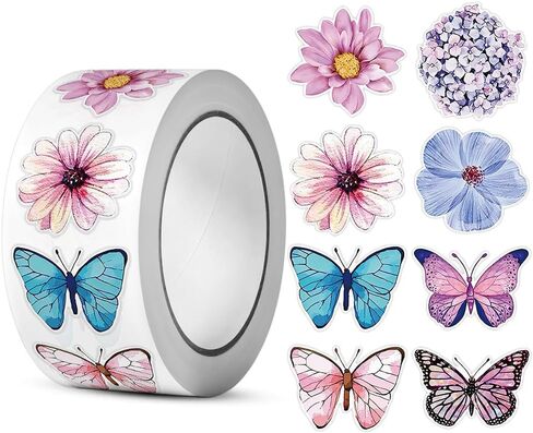Butterfly Flower Sticker Rolls - 1 Rolls/500PCS 8 Design Colorful Assorted Butterfly Giftwrap Decals Gift Tags Label Decorative Flowers Giftwrap Stickers Favor in Saudi Arabia