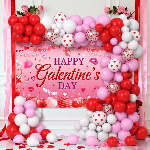 104 Pcs Galentines Day Decorations Happy Galentine's Day Balloons Garland Arch Kit with Backdrop Red Pink Galentine Day Party Balloon Arch Party Decorations Supplies in Saudi Arabia