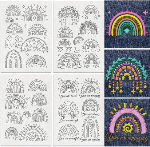 33Pcs Rainbow Water Soluble Hand Sewing Stabilizers, 8.3"x11.7" Cartoon Rainbow Embroidery Pattern Stabilizer, 4 Sheets Stick and Stitch Embroidery Paper Sticker in Saudi Arabia