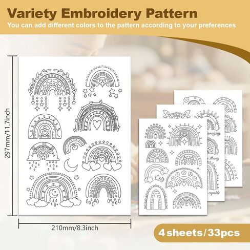 33Pcs Rainbow Water Soluble Hand Sewing Stabilizers, 8.3"x11.7" Cartoon Rainbow Embroidery Pattern Stabilizer, 4 Sheets Stick and Stitch Embroidery Paper Sticker in Saudi Arabia