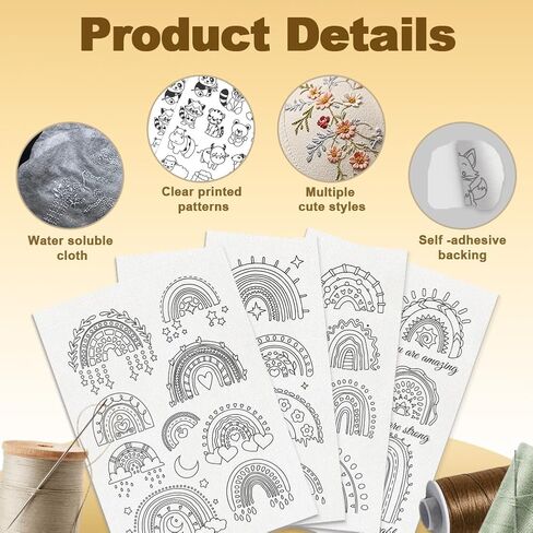 33Pcs Rainbow Water Soluble Hand Sewing Stabilizers, 8.3"x11.7" Cartoon Rainbow Embroidery Pattern Stabilizer, 4 Sheets Stick and Stitch Embroidery Paper Sticker in Saudi Arabia