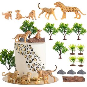 17 Pcs Cheetah Cake Toppers Safari Animals Cake Decorations Include Cheetah Figurines Leaf Stone and Tree Stump Safari Cheetahs Themed Decor for Birthday Party Baby Shower Supplies in Saudi Arabia