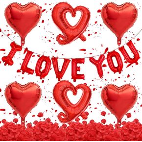 6 Red Heart Balloons & I Love You Balloons - Valentines Balloons with 500 Rose Petals for Anniversary, Engagement, Romantic Surprise Gift in Saudi Arabia