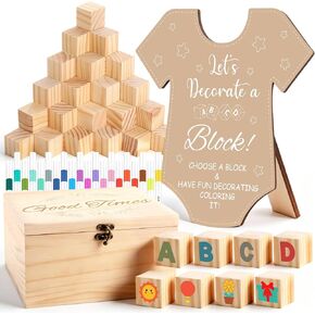 86PCS Baby Shower Game Sign Kit Baby Shower Blocks to Decorate 60 DIY Blank Wooden Block 24 Watercolor Markers with Wooden Crate for Games Boy and Gender Reveals Party Supplies(Onesie) in Kuwait