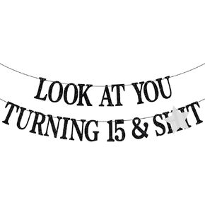 Happy 15th Birthday Banner, Cheers to 15 Years, Level 15, Teen Boys Girls Funny 15th Birthday Party Decorations Backdrop Gifts, Black Glitter in Kuwait