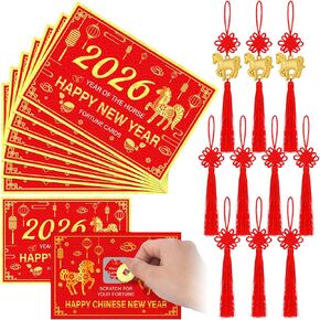 Soulchen 25 قطعة 2026 بطاقة خدش السنة الصينية الجديدة و24 عقدة صينية حمراء زينة شرابات الحظ لألعاب حفلات السنة القمرية الجديدة لوازم الهدايا in Kuwait