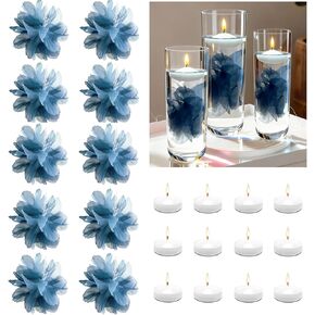 24 Pcs Floating Candles and Floating Flowers Artificial Flowers Head Vase Filler for Party Home Table Wedding Centerpieces Decoration (Blue) in Saudi Arabia