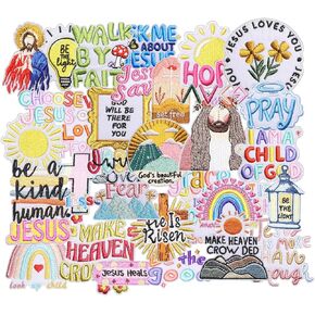 35PCS Love Jesus Iron on Patches, Cartoon Religious Positive Jesus Bible Embroidered Applique for Clothes, Custom Christian Quotes Patches for Hats, Jackets, Bags, Backpacks, Dress in Kuwait