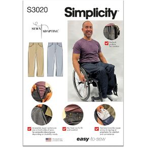 Simplicity SS3020BB حزمة نمط خياطة الجينز التكيفي للجنسين من Sewn Adaptive، رمز التصميم S3020، الأحجام 44-46-48-50-52، متعدد الألوان in Kuwait