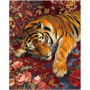 RLTXBUK Vintage Red Floral Tiger Paint by Numbers Kit for Adults Beginners Kids 4-12, Feminine Oriental Animal Tiger DIY Oil Painting Kits on Canvas Framed for Home Decor Gifts 16x20 in in Kuwait