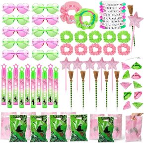 70Pcs Pink and Green Birthday Theme Party Favors, 10 Pack Glasses Star Broom Pens Bracelets Hair Bands Gift Goodie Bags Bubbles for Decor Decorations Supplies in Saudi Arabia