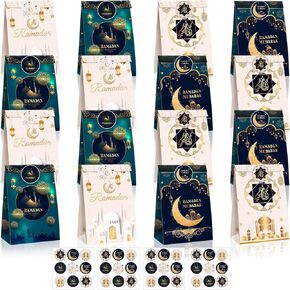 Tinlade 24 Pcs Eid Mubarak Party Favor Bags with Stickers 4 Styles Goodie Candy Paper Ramadan Treat Bags Party Favor Muslim Ramadan Gift for Eid Supplies Decoration in Kuwait