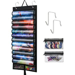 Playmat Holder Playmat Tube Storage Bag for MTG with 2 Hooks, Fits 12 Card Game Playmats with Transparent Plastic Slots & 2 Detachable Dice Pouches,Portable Organizer Rack for TCG/RPG Mat(12+2, Black) in Saudi Arabia