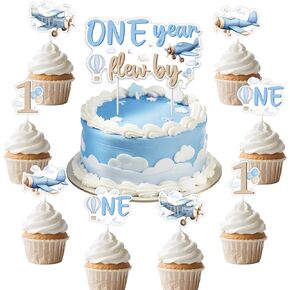 Kreatwow Airplane 1st Birthday Party Decoration One Year Flew By Cake Topper Airplane 1st Birthday Cake Decoration 25Pcs Time Flies Decor Aircraft Aviation Party Plane Cloud Hot Air Balloon ThemeDecor in Kuwait