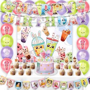 Boba Tea Party Supplies Complete Set, Bubble Tea Birthday Decorations Kit with Cartoon Banner Backdrop, Adorable Cake Toppers, Colorful Balloons, Invitation Cards for Girls Themed Party Decor in Saudi Arabia