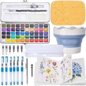 مجموعة طلاء بالألوان المائية 50 لونًا، مجموعة رسم مع كتاب تلوين، فرش مياه، غسالة، صندوق تخزين، إسفنجة كبيرة وقلم رصاص ميكانيكي، مستلزمات فنية، مجموعة ألوان مائية للسفر، هواة الهواة in Kuwait