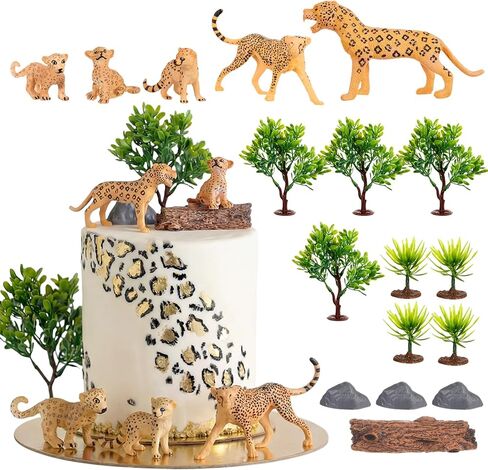 17 Pcs Cheetah Cake Toppers Safari Animals Cake Decorations Include Cheetah Figurines Leaf Stone and Tree Stump Safari Cheetahs Themed Decor for Birthday Party Baby Shower Supplies in Saudi Arabia