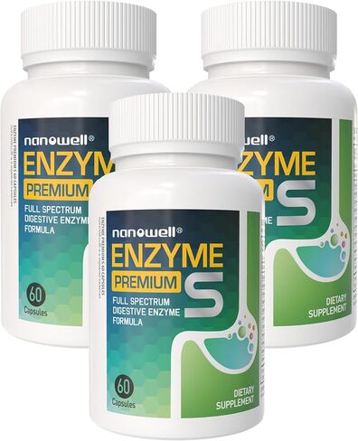 NANOWELL Enzyme Premium S Digestive Health Supplement, Multi Enzymes, Bromelain from Pineapple, Papain from Papaya - 60 Capsules X 3 Bottles (180 Count) in Kuwait