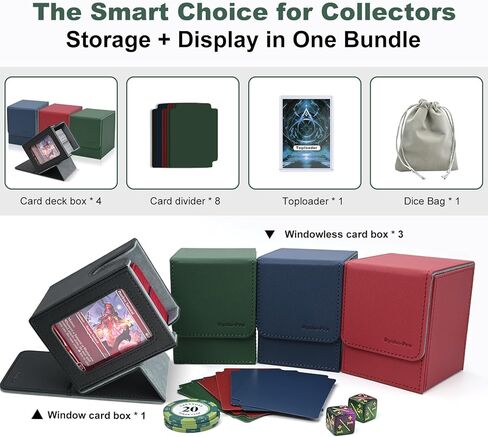 4 Pack MTG Card Deck Box, 1 Card Box with Display + 3 Commander Deck Box Fits 400+ Double-Sleeved Cards, Magnetic Closure Storage Box with 8 Dividers, 1 Dice Bag & 35PT Toploader for Sports Game Cards in Saudi Arabia