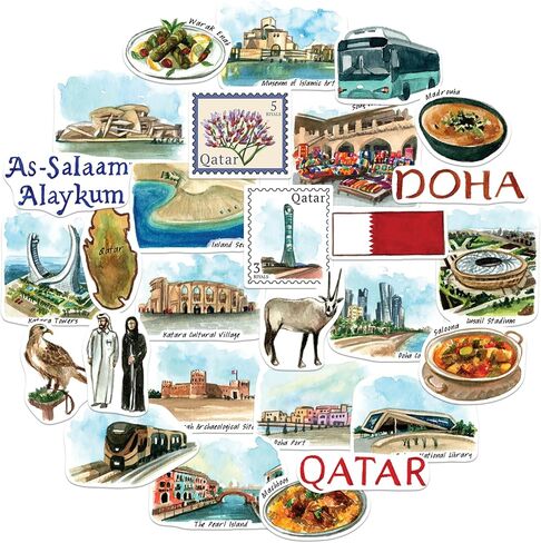 Navy Peony Modern Qatar Travel Stickers (28pcs)-Watercolor, Waterproof, Doha, Qatari-Themed Vacation Decals for Journals, Scrapbooks, Luggage, Tumbler in Saudi Arabia