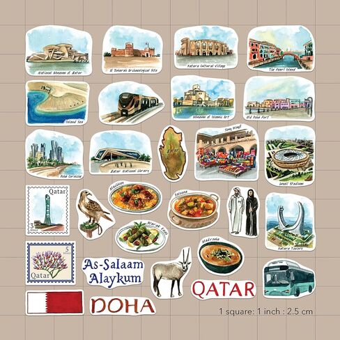 Navy Peony Modern Qatar Travel Stickers (28pcs)-Watercolor, Waterproof, Doha, Qatari-Themed Vacation Decals for Journals, Scrapbooks, Luggage, Tumbler in Saudi Arabia