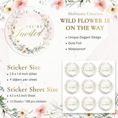 Mobiusea Creation 108 Pcs “You’re Invited" New Wildflower Design Wedding Invitation Stickers – 1.4" Waterproof Gold Foil Envelope Seals for Weddings, Bridal Showers, Birthdays & Baby Showers in Saudi Arabia