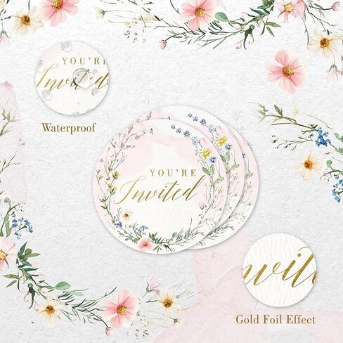 Mobiusea Creation 108 Pcs “You’re Invited" New Wildflower Design Wedding Invitation Stickers – 1.4" Waterproof Gold Foil Envelope Seals for Weddings, Bridal Showers, Birthdays & Baby Showers in Saudi Arabia