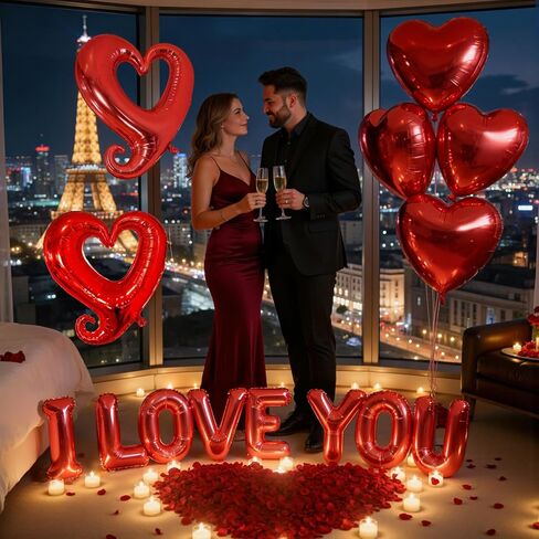 6 بالونات على شكل قلب أحمر وبالونات أحبك - بالونات عيد الحب مع 500 بتلة ورد للذكرى السنوية والخطوبة وهدية مفاجئة رومانسية in Saudi Arabia