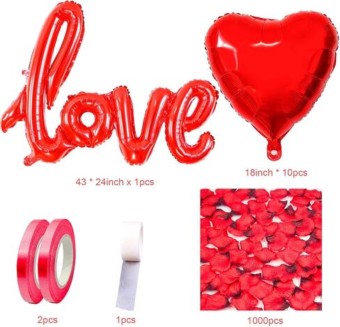 Valentines Day Balloons Decorations, 40" Red LOVE 18 Inch Heart Shape Foil Balloons with 1000pcs Silk Rose Petals for Valentine's Day Anniversary Engagement Galentines Day Party Supplies in Kuwait
