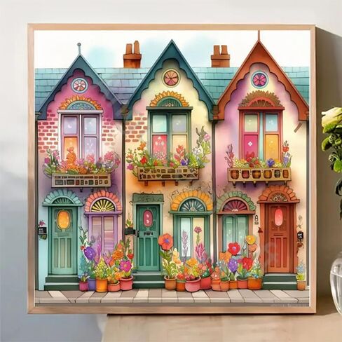 Diosedyer 5D الحفر الكامل غريب الأطوار منازل الشرفة طقم الطلاء الماسي - أكواخ ملونة مملوءة بالزهور، فن كريستال DIY لديكور المنزل، حرفة منزلية للبالغين والأطفال 11.8 × 11.8 بوصة in Kuwait