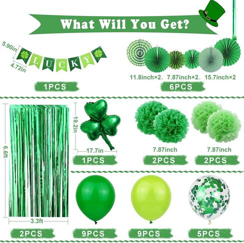 مجموعة ديكورات عيد القديس باتريك، 37 قطعة من زينة عيد القديس باتريك شامروك، ستائر ذات أهداب من رقائق معدنية، كرات مناديل، مروحة ورقية، لافتة محظوظة، بالونات فويل ديكور لمستلزمات الحفلات المنزلية in Kuwait