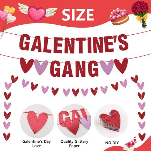 Galentine's Gang Banner - Pre-Assembled Glitter Valentines Hearts Hanging Banners - Girls Welcome Sign - Galentines Day Party Decorations for Mantle, Porch, Party Supplies in Saudi Arabia