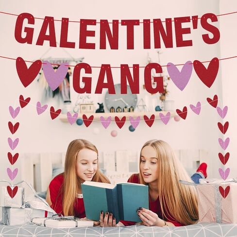 Galentine's Gang Banner - Pre-Assembled Glitter Valentines Hearts Hanging Banners - Girls Welcome Sign - Galentines Day Party Decorations for Mantle, Porch, Party Supplies in Saudi Arabia