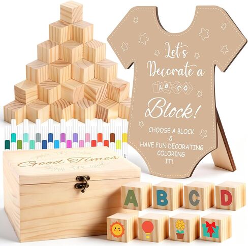 86PCS Baby Shower Game Sign Kit Baby Shower Blocks to Decorate 60 DIY Blank Wooden Block 24 Watercolor Markers with Wooden Crate for Games Boy and Gender Reveals Party Supplies(Onesie) in Saudi Arabia