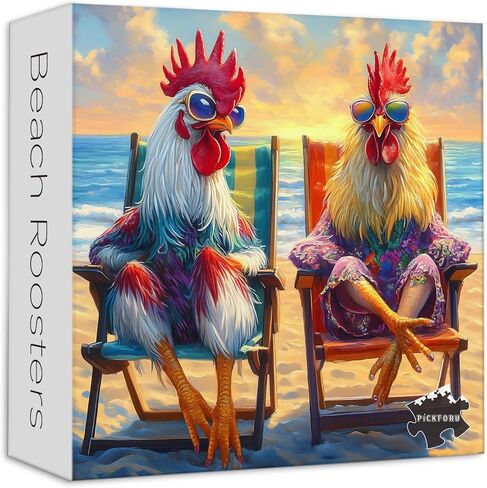 PICKFORU Beach Roosters 1000 Piece Puzzle for Adults, Sunset Seaside Puzzles for Adults, Lounge Chair Chicken Puzzles in Saudi Arabia