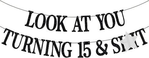 Happy 15th Birthday Banner, Cheers to 15 Years, Level 15, Teen Boys Girls Funny 15th Birthday Party Decorations Backdrop Gifts, Black Glitter in Kuwait