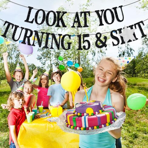 Happy 15th Birthday Banner, Cheers to 15 Years, Level 15, Teen Boys Girls Funny 15th Birthday Party Decorations Backdrop Gifts, Black Glitter in Kuwait