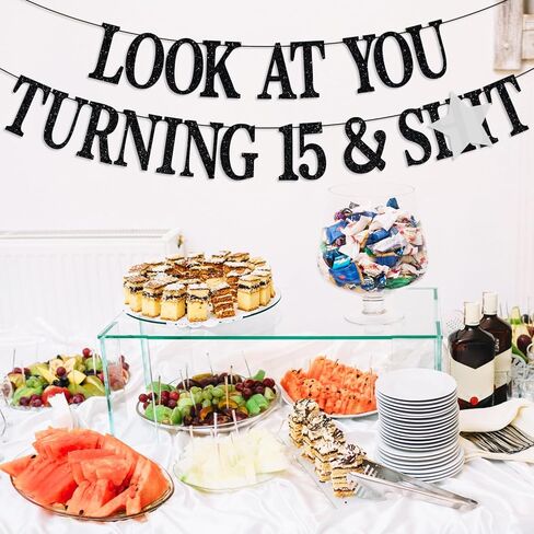 Happy 15th Birthday Banner, Cheers to 15 Years, Level 15, Teen Boys Girls Funny 15th Birthday Party Decorations Backdrop Gifts, Black Glitter in Kuwait