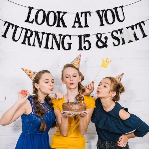 Happy 15th Birthday Banner, Cheers to 15 Years, Level 15, Teen Boys Girls Funny 15th Birthday Party Decorations Backdrop Gifts, Black Glitter in Kuwait