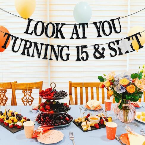Happy 15th Birthday Banner, Cheers to 15 Years, Level 15, Teen Boys Girls Funny 15th Birthday Party Decorations Backdrop Gifts, Black Glitter in Kuwait