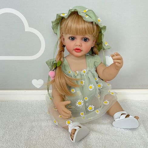 Lifelike Reborn Toddler Dolls Girl 22 Inch Realistic Lovely Babies Soft Full Body with Wig Sheath Green Dress Clothes Set in Saudi Arabia