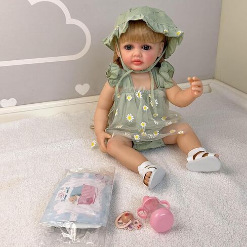 Lifelike Reborn Toddler Dolls Girl 22 Inch Realistic Lovely Babies Soft Full Body with Wig Sheath Green Dress Clothes Set in Saudi Arabia