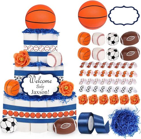 23 Pcs Sports Ball Diaper Cake Kit Decoration Basketball Football Soccer Baseball Ball Cake Decorations for Sports Balls Theme Baby Shower Boys Men Birthday Party Supplies in Saudi Arabia