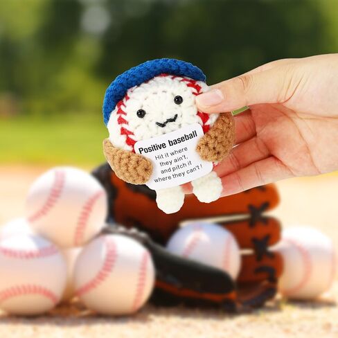 Crochet Baseball, 3.54in Handmade Positive Baseball Crochet Doll Wearing Blue Hat with Emotional Inspirational Support Softball Card Cute Encouragement Knitted Doll Motivational Gift in Saudi Arabia