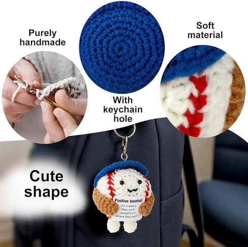 Crochet Baseball, 3.54in Handmade Positive Baseball Crochet Doll Wearing Blue Hat with Emotional Inspirational Support Softball Card Cute Encouragement Knitted Doll Motivational Gift in Saudi Arabia