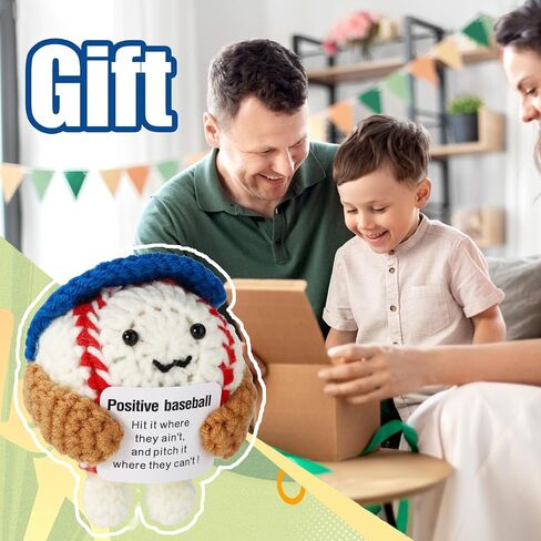 Crochet Baseball, 3.54in Handmade Positive Baseball Crochet Doll Wearing Blue Hat with Emotional Inspirational Support Softball Card Cute Encouragement Knitted Doll Motivational Gift in Saudi Arabia
