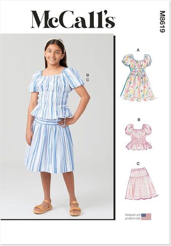 McCall's M8619A Easy-to-Make Girls' Ruched Pull-on Dress, Top and Loose-Fitting Skirt Sewing Pattern Packet, Design Code M8619, Sizes 7-8-10-12-14 in Saudi Arabia