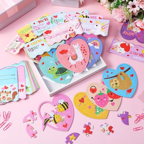 36 Sets Valentines Gifts for Kids Classroom Exchange, Animal Heart Puzzles with Cards, Clear Gift Bags & Clip, Cute Classroom Bulk Valentine Party Favors for Boys Girls School Gift Exchange in Saudi Arabia