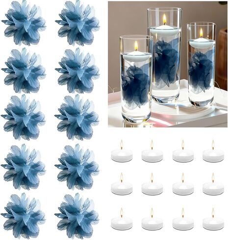 24 Pcs Floating Candles and Floating Flowers Artificial Flowers Head Vase Filler for Party Home Table Wedding Centerpieces Decoration (Blue) in Saudi Arabia