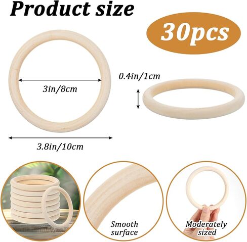 30 Pcs 4 Inch Wooden Rings for Crafts, Natural Unfinished Solid Wooden Rings for Macrame, DIY Projects, Jewelry Making and Home Decor Crafting Supplies (4 Inch Diameter) in Saudi Arabia